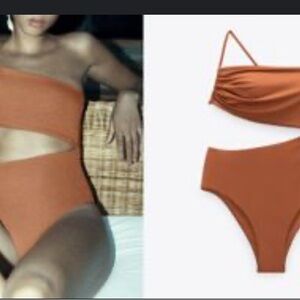 Zara Brown Swimsuit bikini one piece asymmetrical necklline Size Xsmall